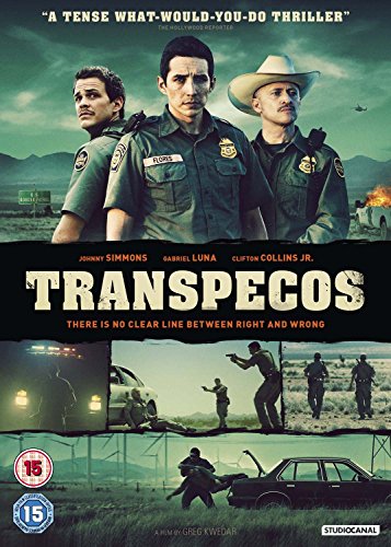 "Transpecos DVD cover featuring three police officers and action scenes."