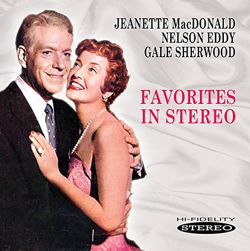 "CD cover featuring Jeanette MacDonald and Nelson Eddy embracing, with 'Favorites in Stereo' text."