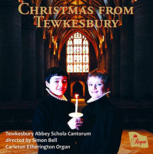 "CD cover featuring two boys holding candles in a church, titled 'Christmas from Tewkesbury'."