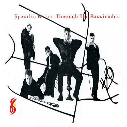 "Spandau Ballet album cover with band members in black, surrounded by abstract black lines."