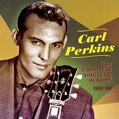 "CD cover featuring Carl Perkins holding a guitar, with multicolored background and text."