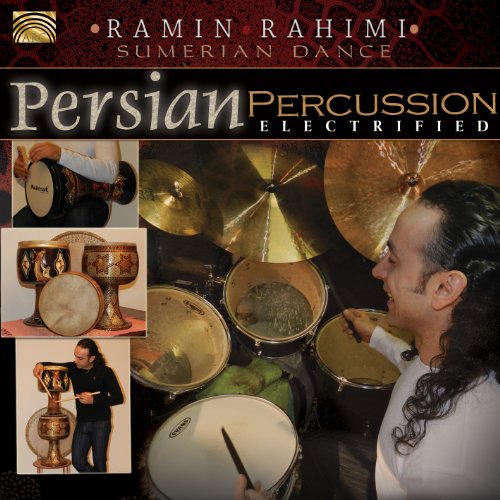 "CD cover featuring a man playing drums with percussion instruments and title 'Persian Percussion Electrified'."
