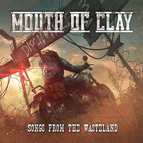 "Album cover art: Motorcyclist in a gas mask riding through a post-apocalyptic wasteland."