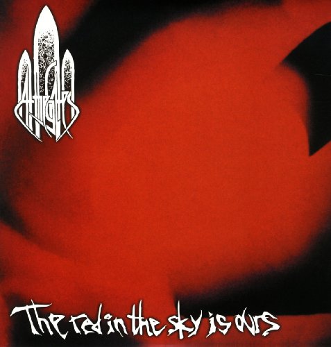 "Album cover with red and black background, white text, and abstract logo."