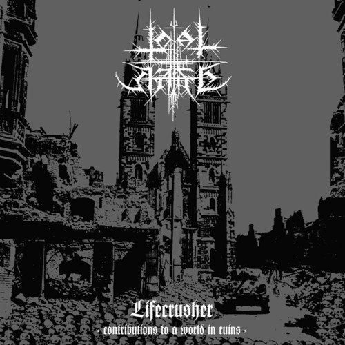 "Album cover with ruined cathedral and white gothic text on dark background."