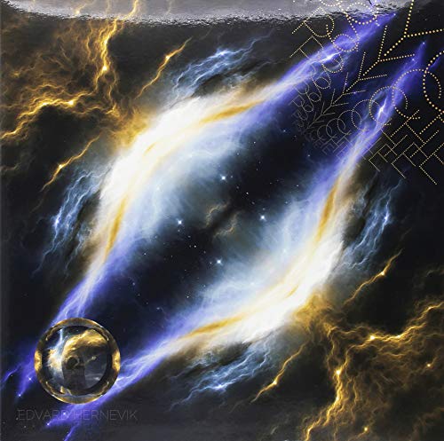 Vinyl album cover with abstract, cosmic art featuring a glowing, lightning-like design.