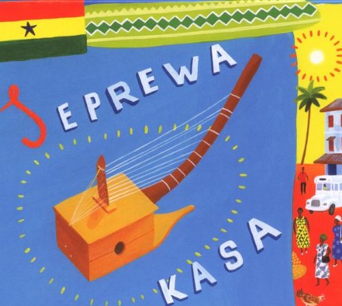 "Album cover featuring a seprewa, a traditional Ghanaian harp, against a blue background."