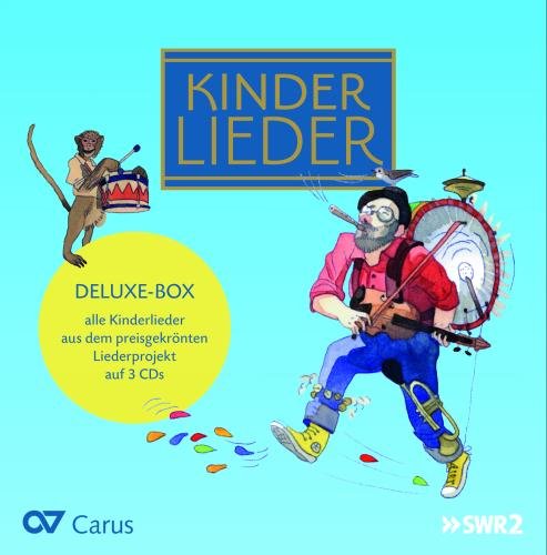"CD cover art featuring cartoon man playing instruments, monkey on turquoise background."