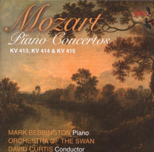 "CD cover featuring a serene landscape painting with orange sky and trees, Mozart concertos details."