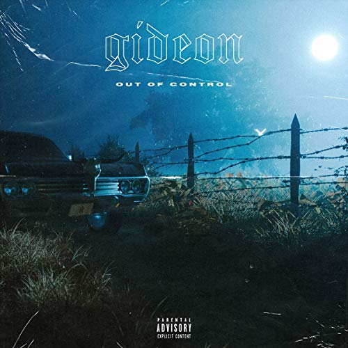 "Album cover with a crashed car, barbed wire fence, and full moon."