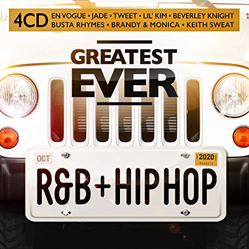A white vehicle front with a license plate reading "R&B + HIP HOP" in black letters.