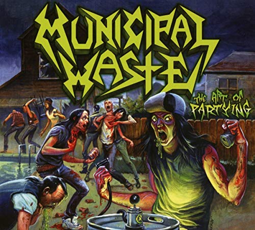 Album cover art depicting zombies partying in a backyard with blood and gore.