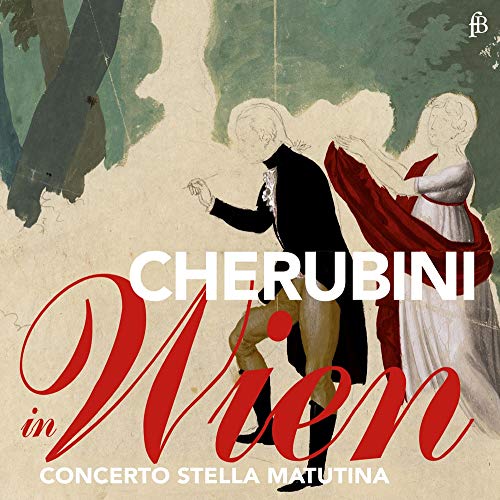 The image is a CD cover featuring a man and woman dancing. #### Alt Text: "CD cover with man and woman dancing, 'CHERUBINI in Wien' in red and white text."