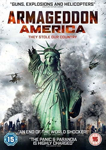 DVD cover for "Armageddon America" featuring the Statue of Liberty amidst explosions and helicopters.