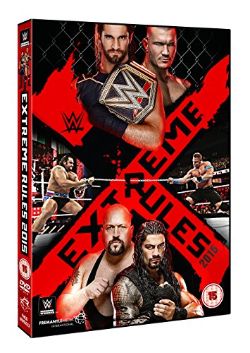 "WWE Extreme Rules 2015 DVD case featuring wrestlers and red diagonal text on a black background."