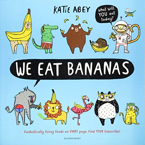 The image is a children's book cover. Alt text: Cartoon animals and anthropomorphic foods on a light blue book cover.