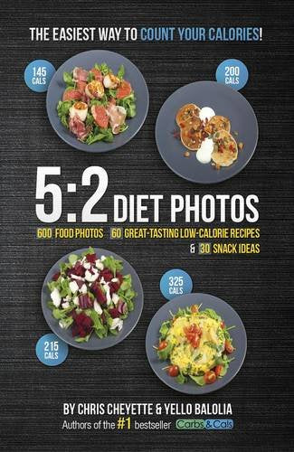 Book cover with four plates of food and calorie counts on a dark background.