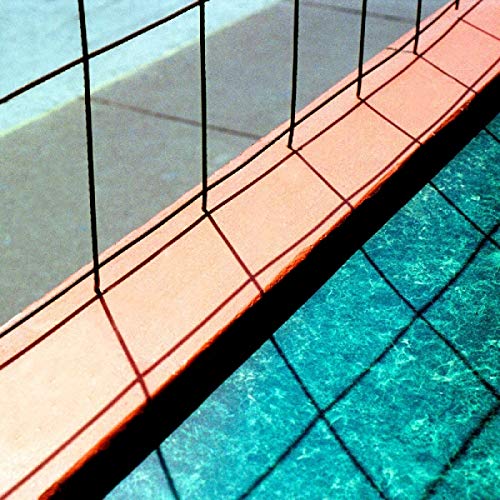 The image shows a vinyl record cover with a grid pattern and a pool-like design. Alt text: Vinyl record cover with grid pattern and turquoise, water-like design.