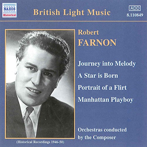 Blue album cover with black-and-white portrait and track listing for Robert Farnon's music compilation.