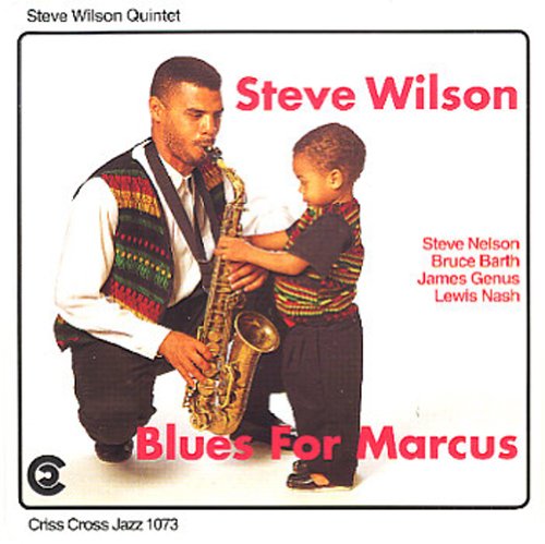 Album cover with man and child, saxophone, and red text on white background.