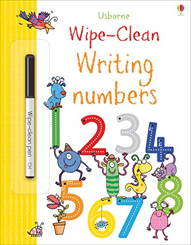 "Children's workbook cover with colorful numbers and cartoon characters, featuring a wipe-clean pen."