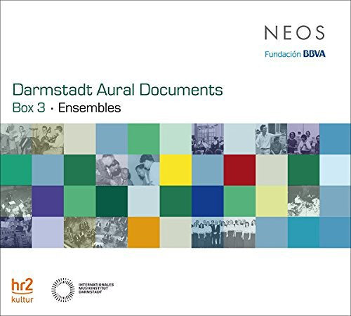 "Darmstadt Aural Documents" CD cover featuring a grid of colored squares and small photos.