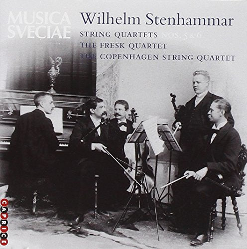 "CD cover with black and white photo of four men playing string instruments together."
