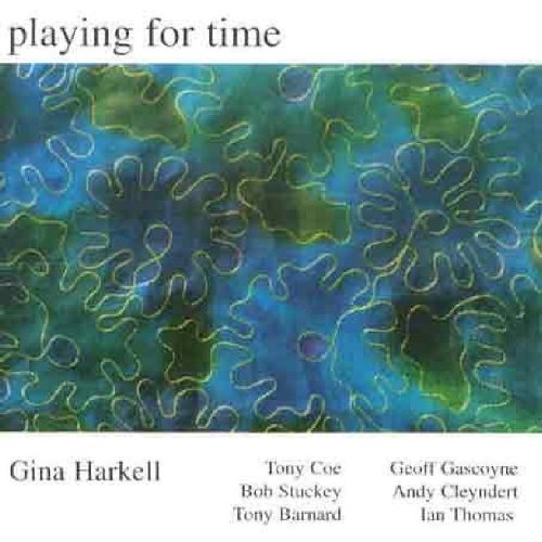 "Album cover with abstract blue and green pattern, 'playing for time' text, and artist names."