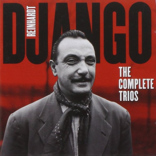 Black-and-white photo of Django Reinhardt on a red album cover with bold text.