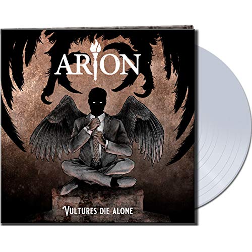 "Clear vinyl record with cover art featuring a man with black wings."