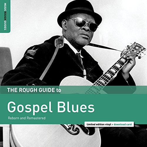 Black and white image of man playing guitar, with green text overlay on album cover.