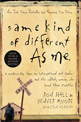 "Book cover with title 'same kind of different As me' and a man at railroad crossing."