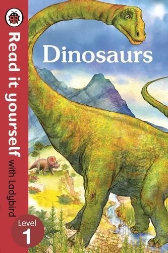 "Children's book cover featuring a green dinosaur with a red vertical banner on the left."