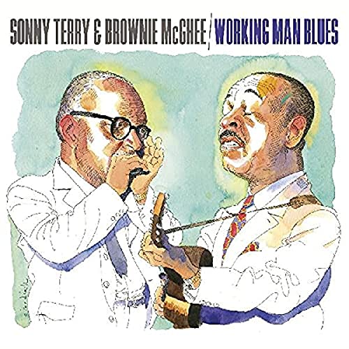 "Album cover with two men, one playing guitar, the other harmonica, in white shirts."