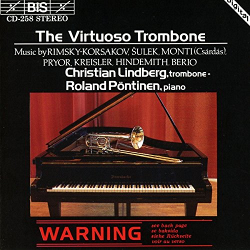 A black CD cover featuring a grand piano with a trombone inside.