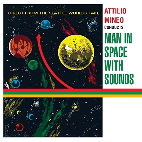 "Album cover with space scene, planets, and text 'Attilio Mineo conducts Man in Space with Sounds'."