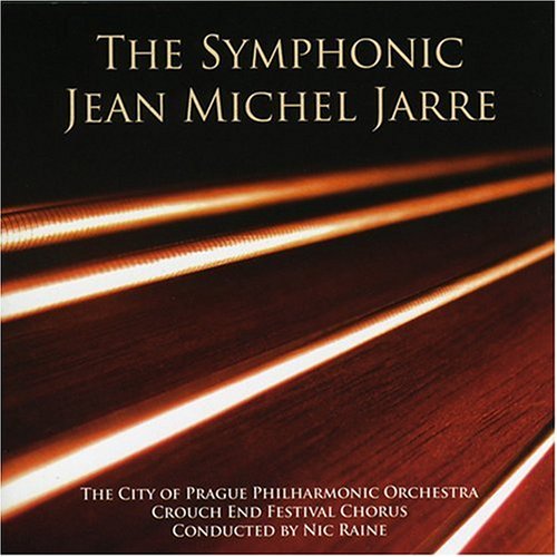 "CD cover with red violin scroll and white text, featuring 'The Symphonic Jean Michel Jarre'."