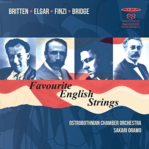 "CD cover with blue background, composers' portraits, and 'Favourite English Strings' title."