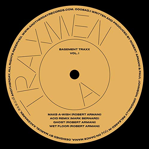 Vinyl record label with orange center and black text on a black background.