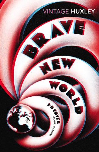 "Brave New World" book cover with 3D spiral design and red, white, and black colors.