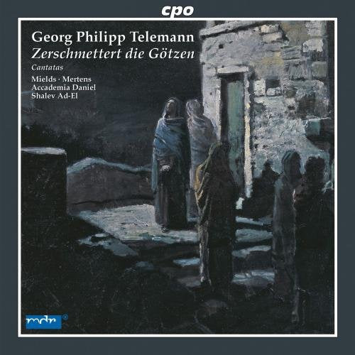 Dark grey CD cover with painting of robed figures outside a stone building.