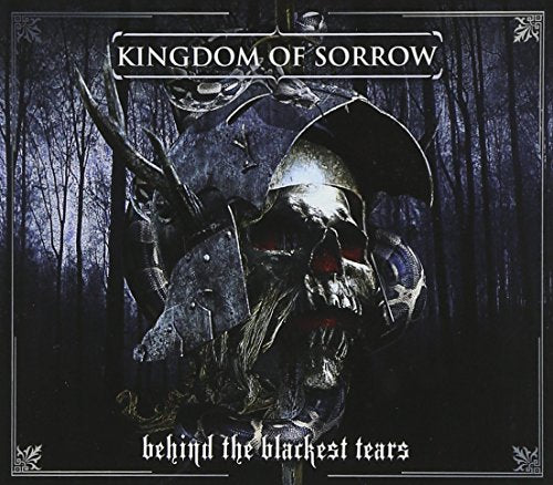 "Album cover featuring a knight's helmeted skull in a dark forest, with white text."