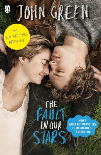 "Book cover of 'The Fault in Our Stars' featuring a couple lying on grass together."