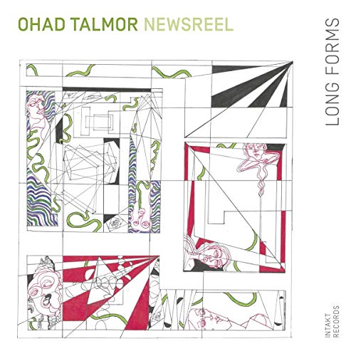 "Album cover with abstract geometric shapes and figures on white background, titled 'Long Forms'."