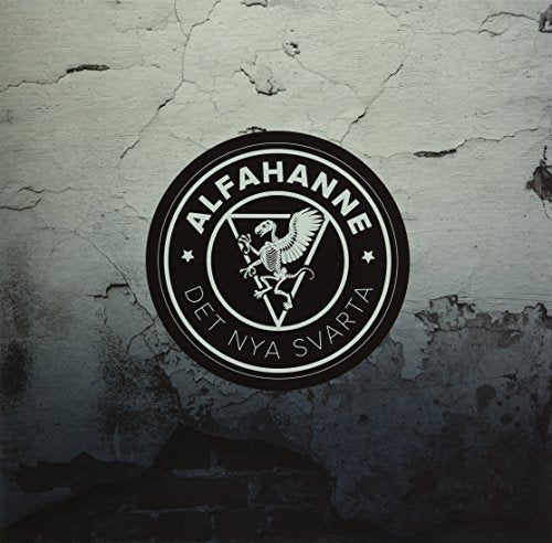 Black vinyl record with white logo on a cracked concrete background.