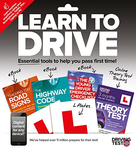 "Driving test prep materials, including eBooks and a phone app, on a grey gradient background."
