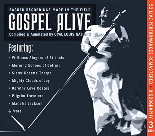Gospel Alive CD cover featuring a singer with a microphone on a dark background.