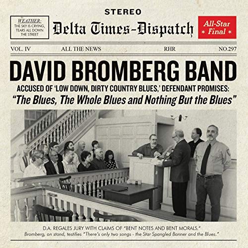 "Vinyl record cover featuring a black-and-white courtroom scene with David Bromberg Band."