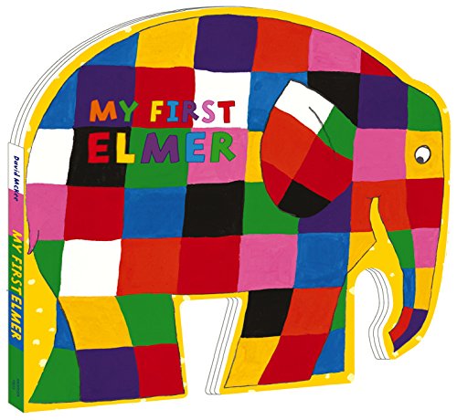 "Children's board book shaped like a colorful elephant with multicolored patchwork design."