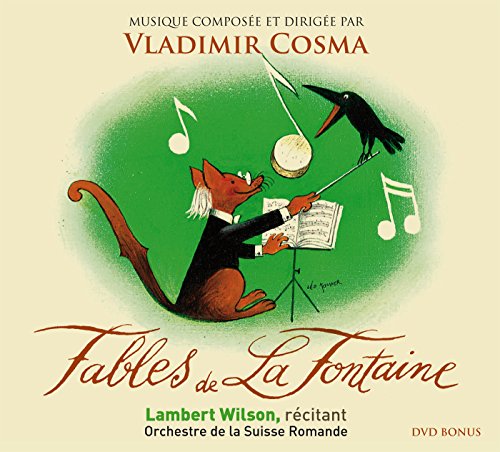 "CD cover featuring a cartoon fox conductor and crow on a green background."